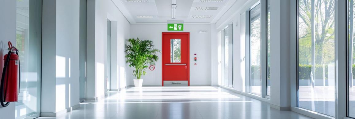 Helle Flur mit Notausgang